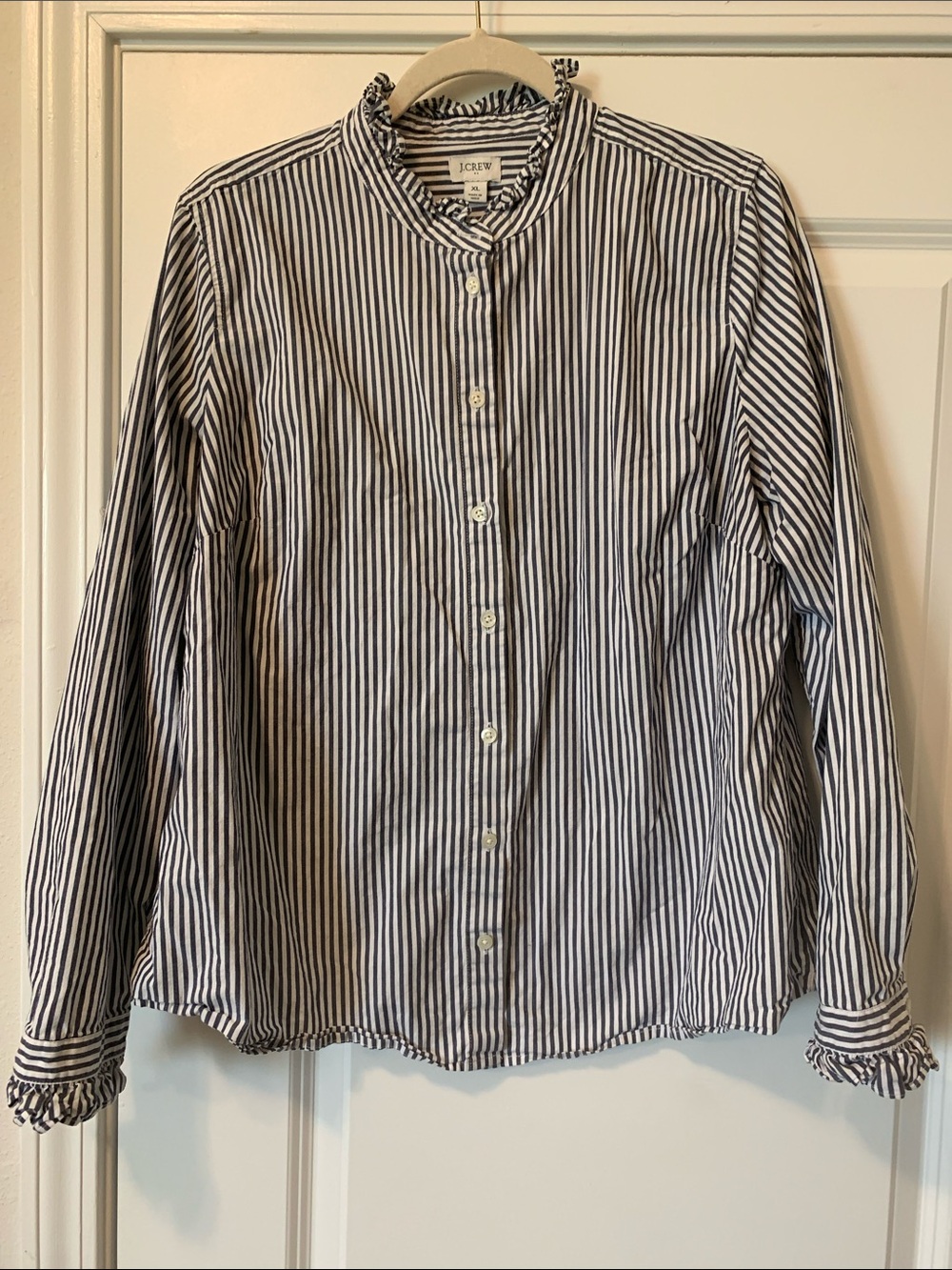 Jcrew Factory Women’s Striped Ruffle neck Button Up Shirt XL - Picture 5 of 8